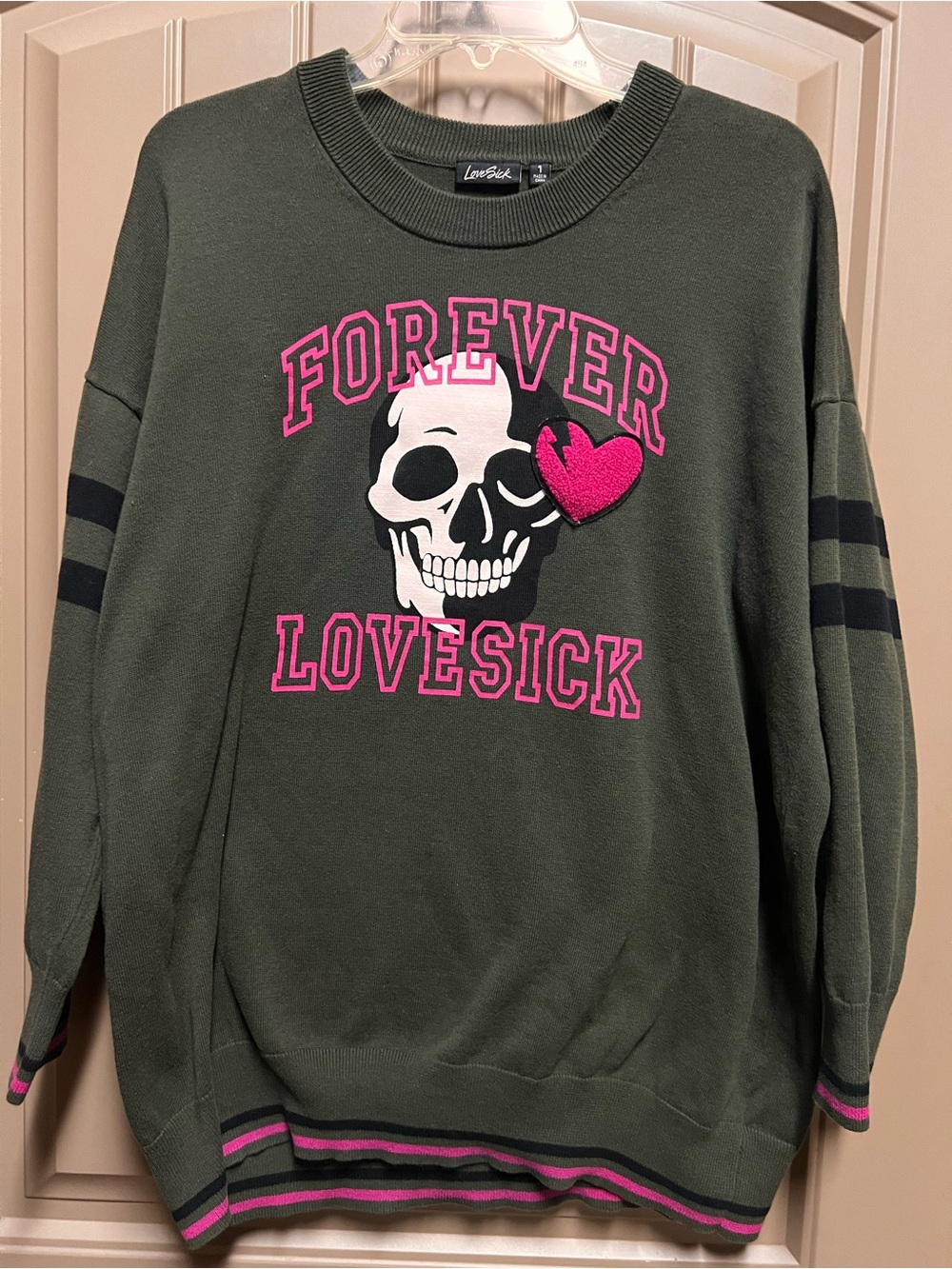 LoveSick by Torrid Forever Skull Graphic Sweater Olive Green Pink